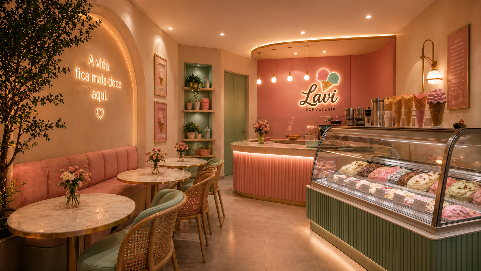 Interior da Lavi Sorveteria com letreiro iluminado e sinalização em tons de rosa e verde